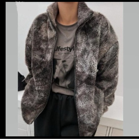Grey Furry Loose Fit Bomber Jacket - Picture 2 of 4